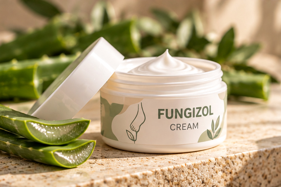 Open Fungizol jar with cream and green leaves in a spa composition
