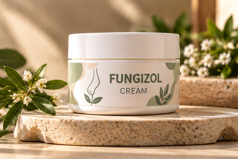 White Fungizol jar on a light stone surface with botanical accents