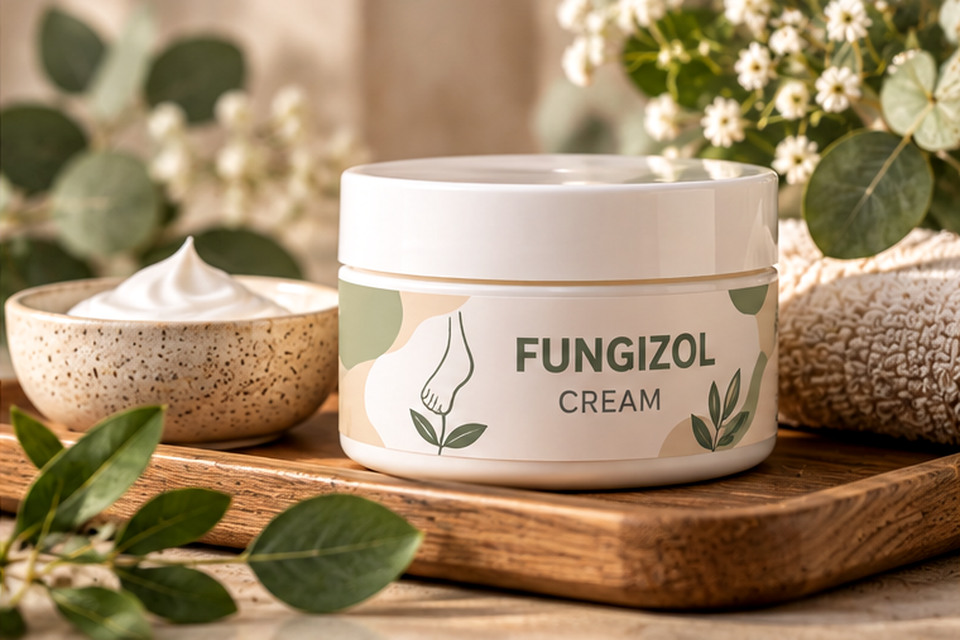 White Fungizol jar with olive accents on a wooden tray beside towels