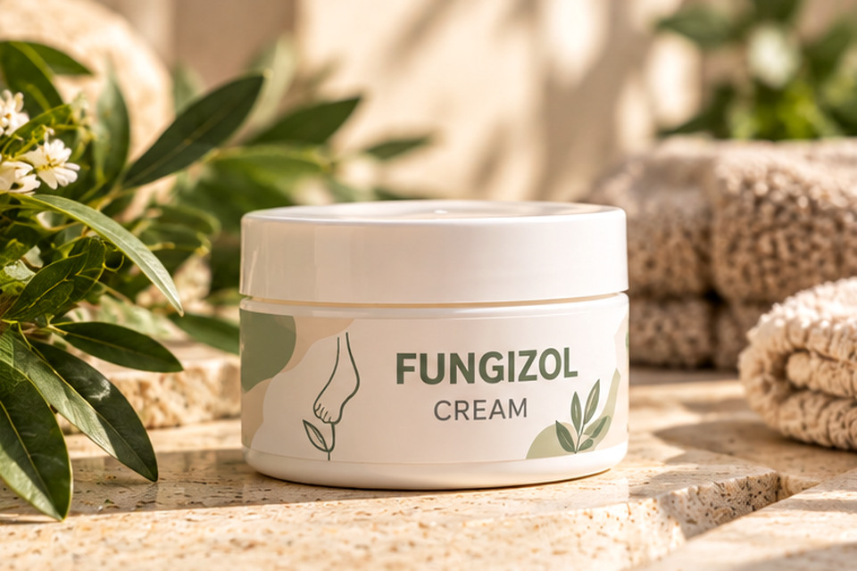 Illustrative white Fungizol jar with olive-green details